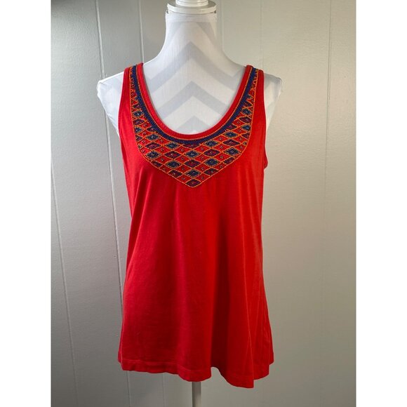 Old Navy Red Tank Top With Embroidered Neckline L Cotton/Modal Blend Sleeveless - Picture 2 of 6